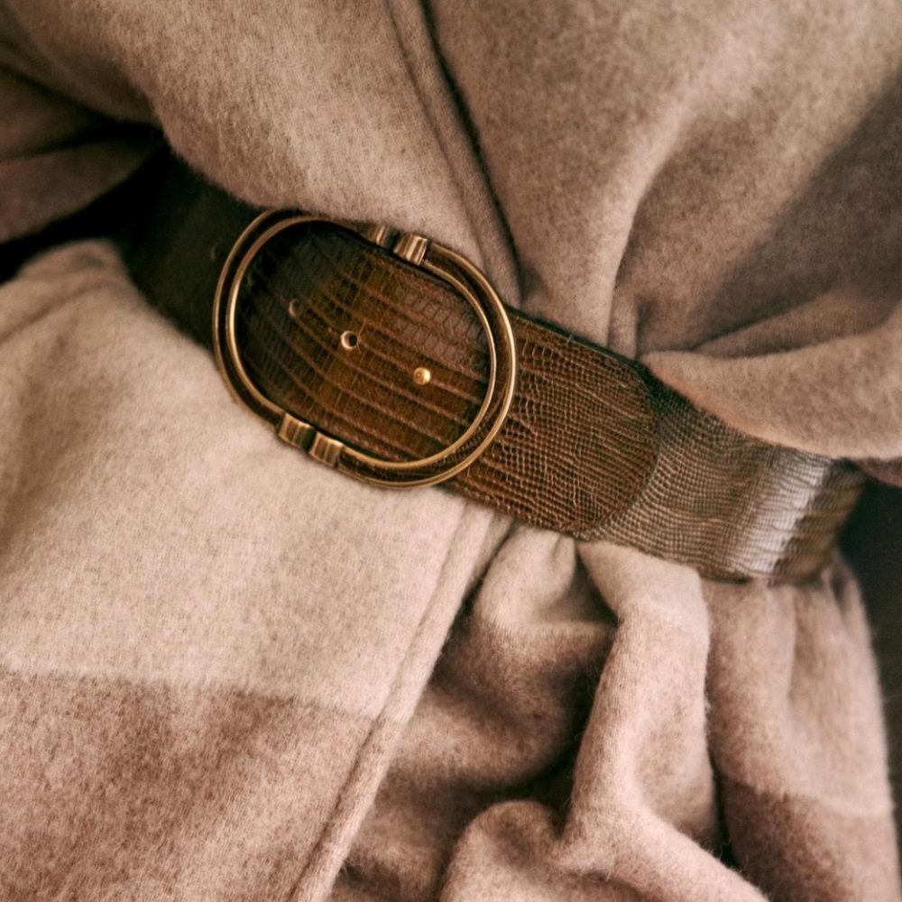 Sezane Brown Leather Belt with Vintage Brass Buckle